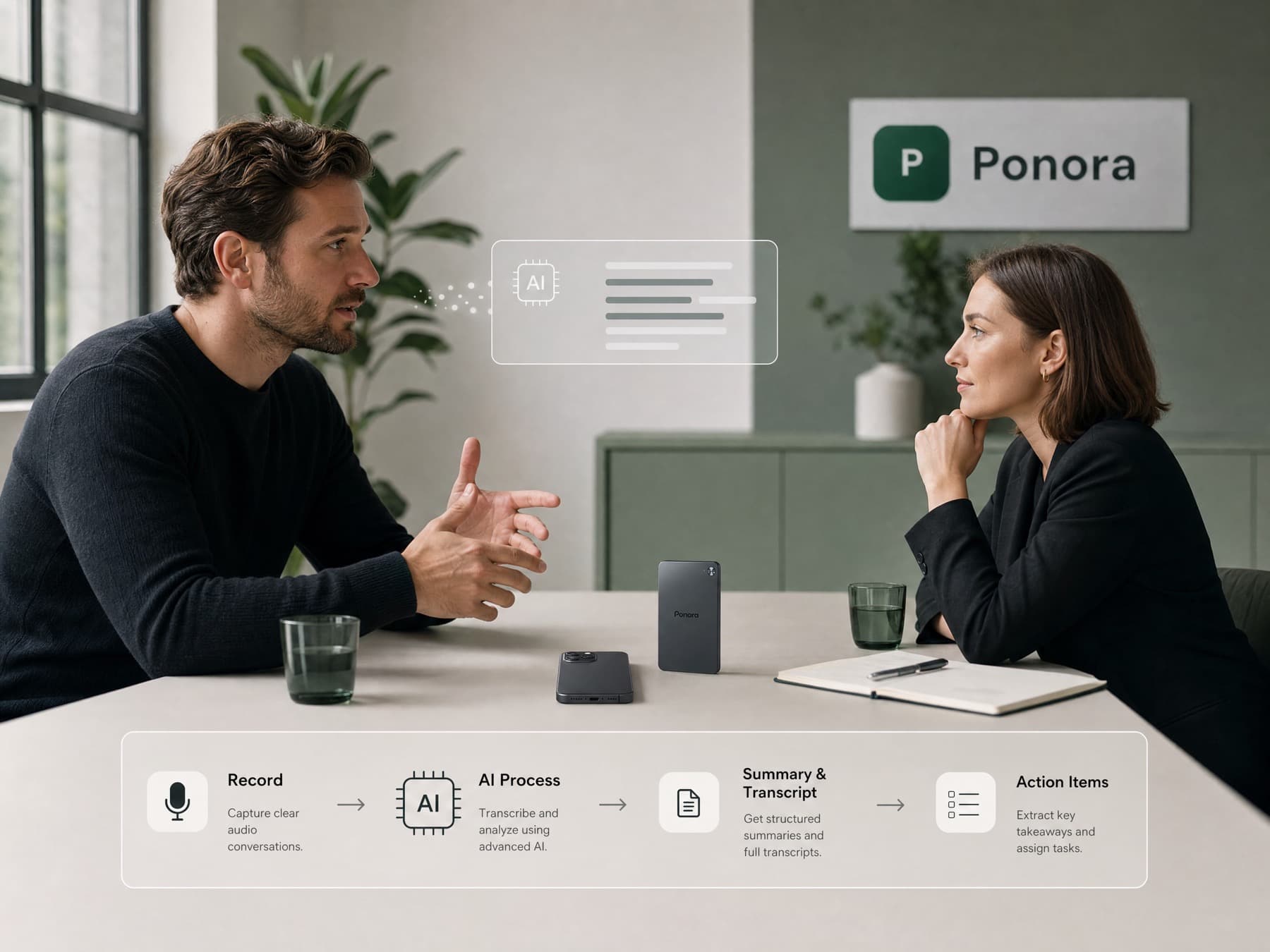 Interview-Situation mit Ponora Rekorder und KI-Notizen